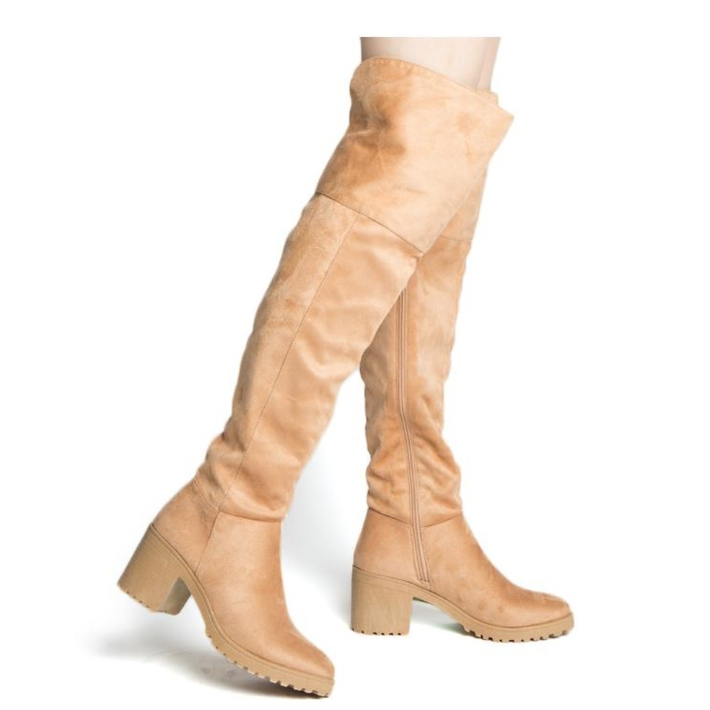 Almond Toe Lug Chunky Heel Over The Knee Boots - Picture 2 of 5